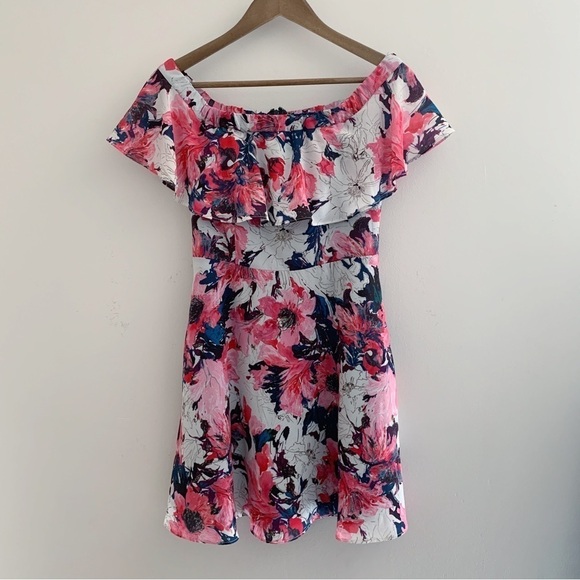 Black Halo Penelope Floral Off the Shoulder Ruffle Mini Dress Sz 6 Pink - Picture 4 of 7